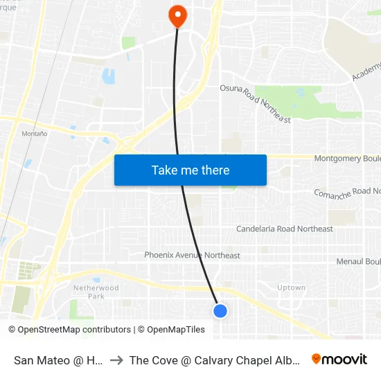 San Mateo @ Haines to The Cove @ Calvary Chapel Albuquerque map