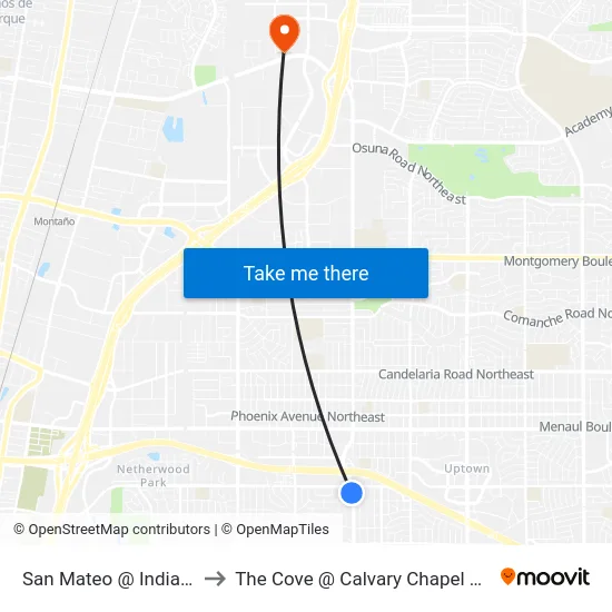 San Mateo @ Indian School to The Cove @ Calvary Chapel Albuquerque map