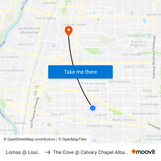 Lomas @ Louisiana to The Cove @ Calvary Chapel Albuquerque map