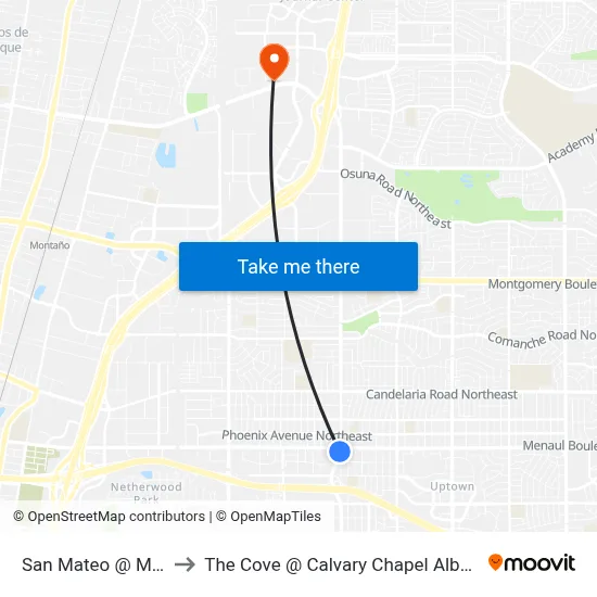 San Mateo @ Menaul to The Cove @ Calvary Chapel Albuquerque map