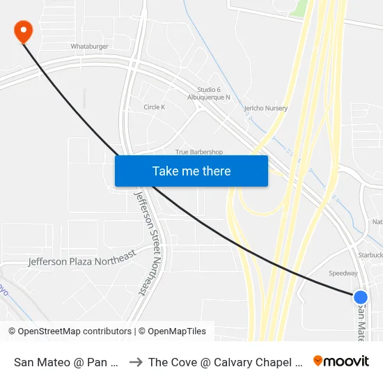 San Mateo @ Pan American to The Cove @ Calvary Chapel Albuquerque map