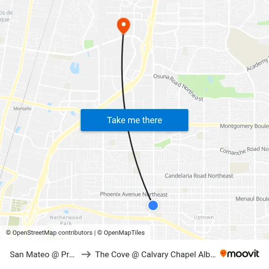 San Mateo @ Prospect to The Cove @ Calvary Chapel Albuquerque map