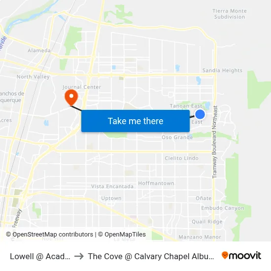 Lowell @ Academy to The Cove @ Calvary Chapel Albuquerque map