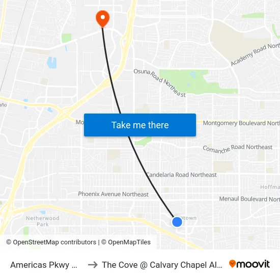 Americas Pkwy @ U.T.C. to The Cove @ Calvary Chapel Albuquerque map