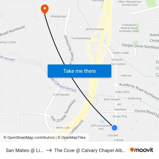 San Mateo @ Lincoln to The Cove @ Calvary Chapel Albuquerque map
