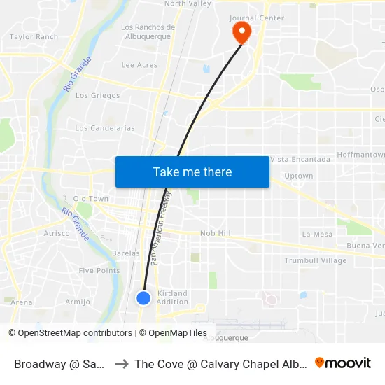Broadway @ San Jose to The Cove @ Calvary Chapel Albuquerque map