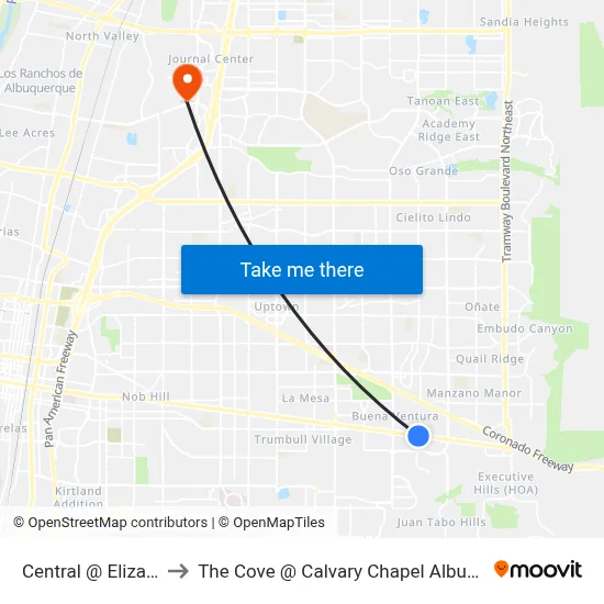 Central @ Elizabeth to The Cove @ Calvary Chapel Albuquerque map