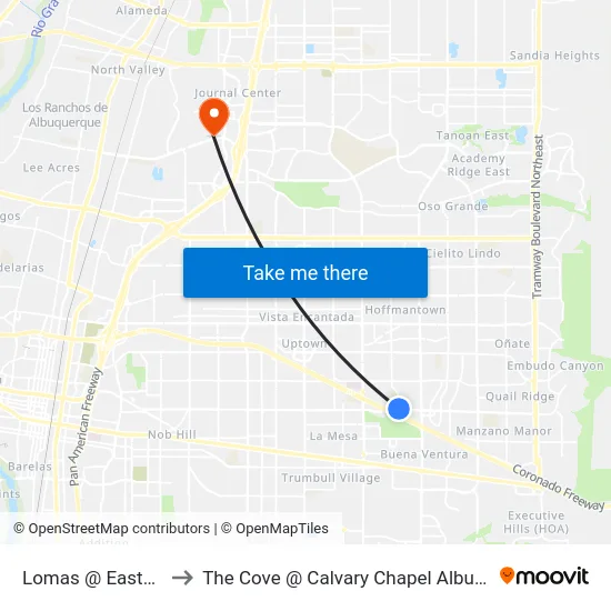 Lomas @ Easterday to The Cove @ Calvary Chapel Albuquerque map