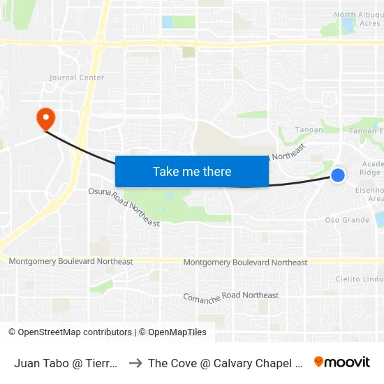 Juan Tabo @ Tierra Antigua to The Cove @ Calvary Chapel Albuquerque map