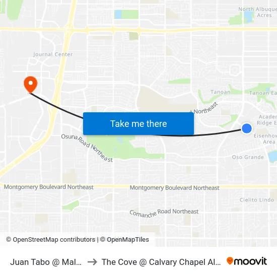 Juan Tabo @ Malaguena to The Cove @ Calvary Chapel Albuquerque map