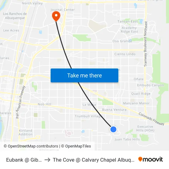 Eubank @ Gibson to The Cove @ Calvary Chapel Albuquerque map