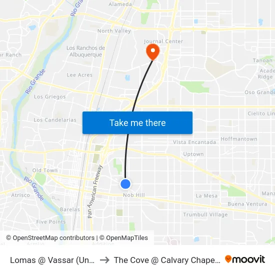 Lomas @ Vassar (Unm Hospital) to The Cove @ Calvary Chapel Albuquerque map