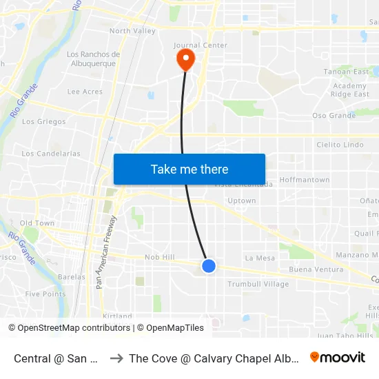 Central @ San Mateo to The Cove @ Calvary Chapel Albuquerque map