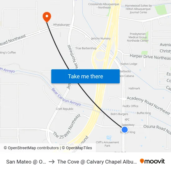 San Mateo @ Osuna to The Cove @ Calvary Chapel Albuquerque map