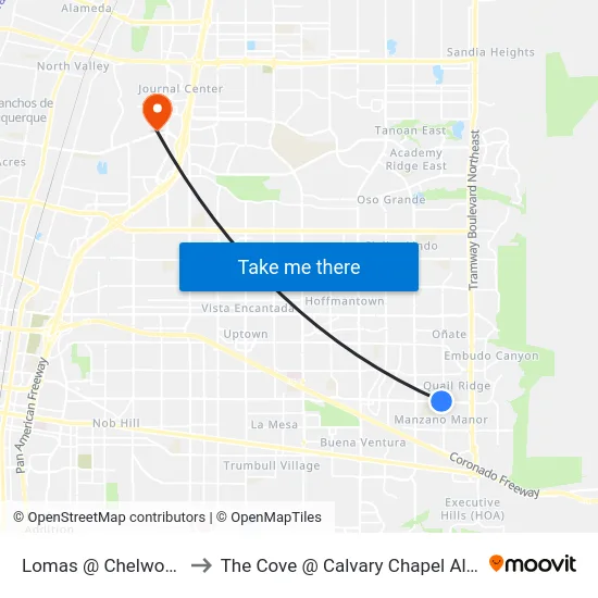 Lomas @ Chelwood Park to The Cove @ Calvary Chapel Albuquerque map
