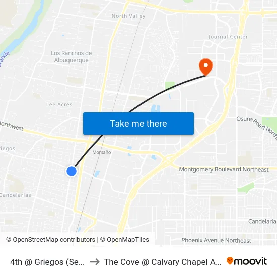 4th @ Griegos (Se Corner) to The Cove @ Calvary Chapel Albuquerque map