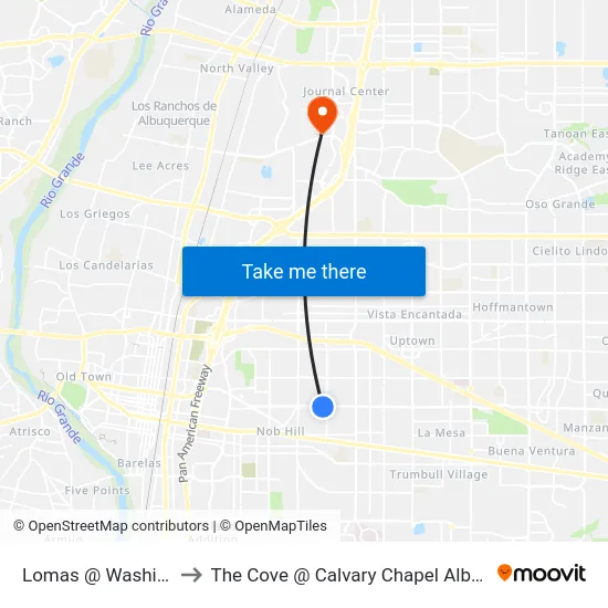 Lomas @ Washington to The Cove @ Calvary Chapel Albuquerque map