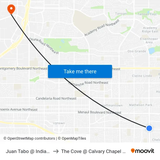 Juan Tabo @ Indian School to The Cove @ Calvary Chapel Albuquerque map