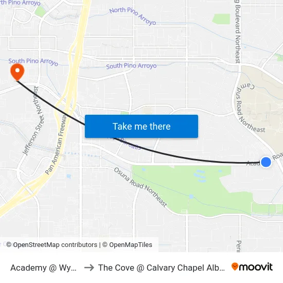 Academy @ Wyoming to The Cove @ Calvary Chapel Albuquerque map