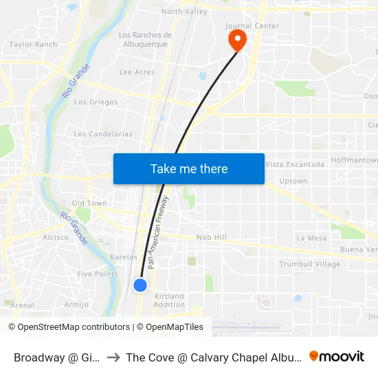 Broadway @ Gibson to The Cove @ Calvary Chapel Albuquerque map