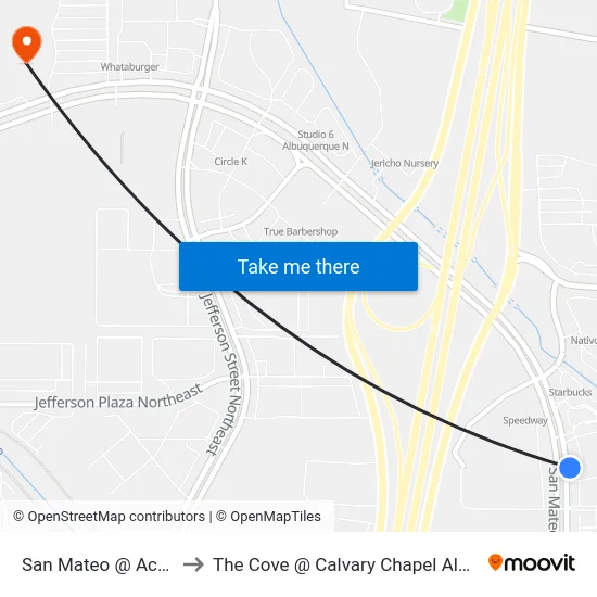 San Mateo @ Academy to The Cove @ Calvary Chapel Albuquerque map