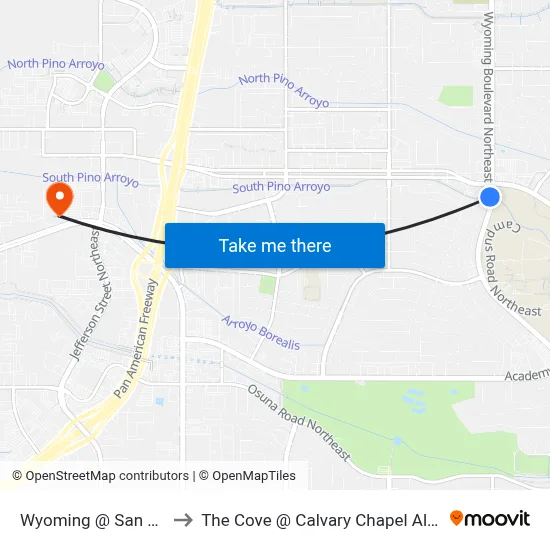Wyoming @ San Antonio to The Cove @ Calvary Chapel Albuquerque map