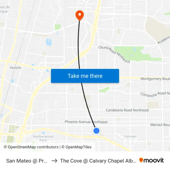 San Mateo @ Prospect to The Cove @ Calvary Chapel Albuquerque map
