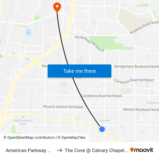 Americas Parkway @ Louisiana to The Cove @ Calvary Chapel Albuquerque map