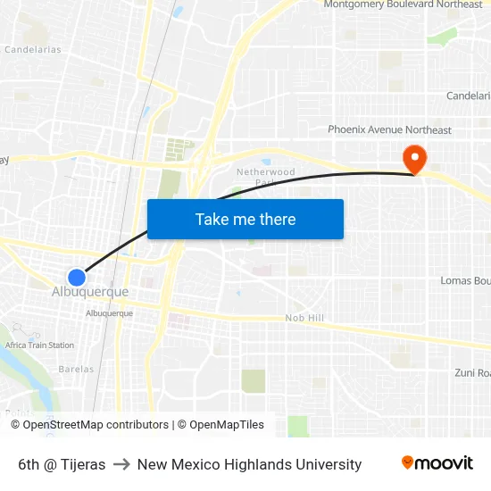 6th @ Tijeras to New Mexico Highlands University map