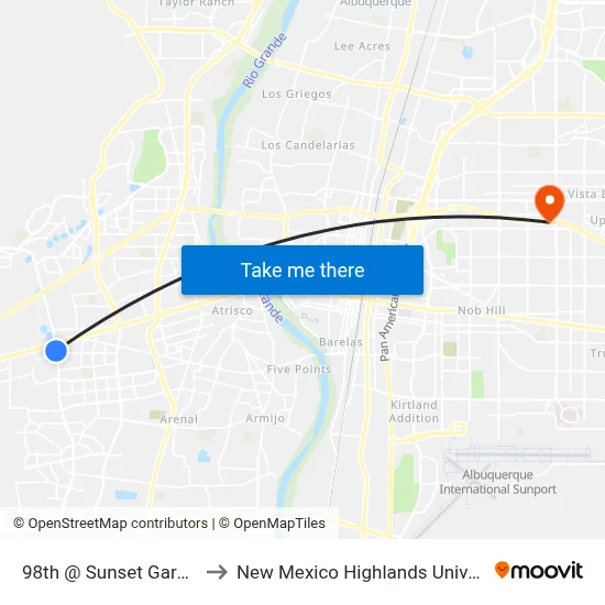 98th @ Sunset Gardens to New Mexico Highlands University map