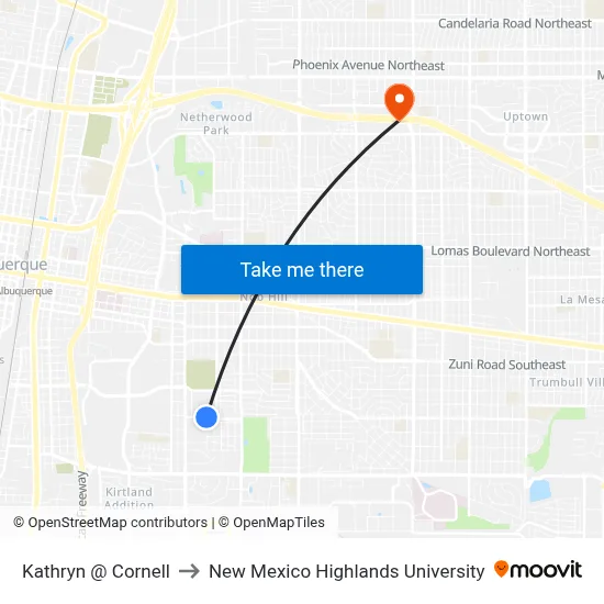 Kathryn @ Cornell to New Mexico Highlands University map
