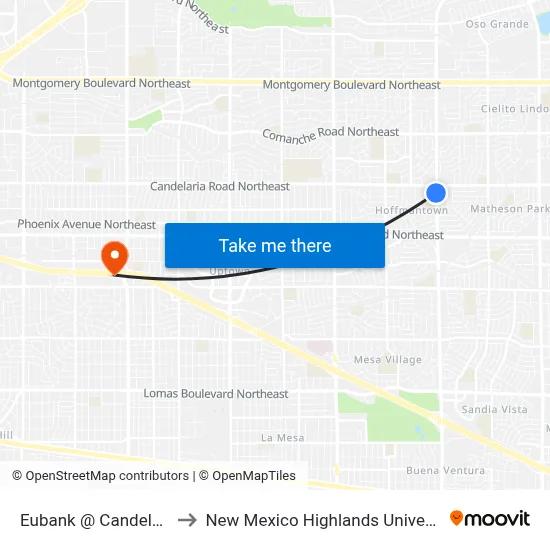 Eubank @ Candelaria to New Mexico Highlands University map