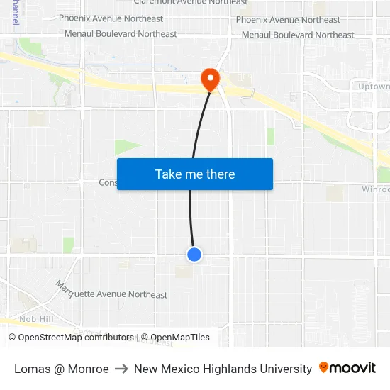 Lomas @ Monroe to New Mexico Highlands University map