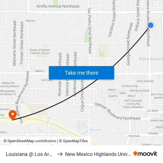 Louisiana @ Los Arboles to New Mexico Highlands University map
