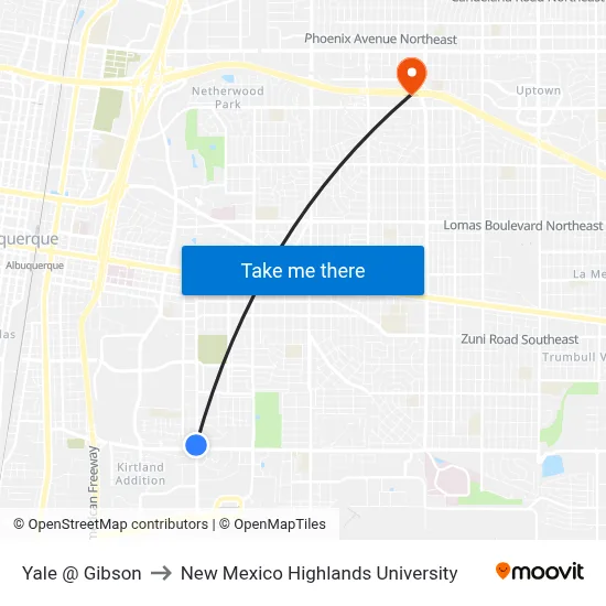 Yale @ Gibson to New Mexico Highlands University map