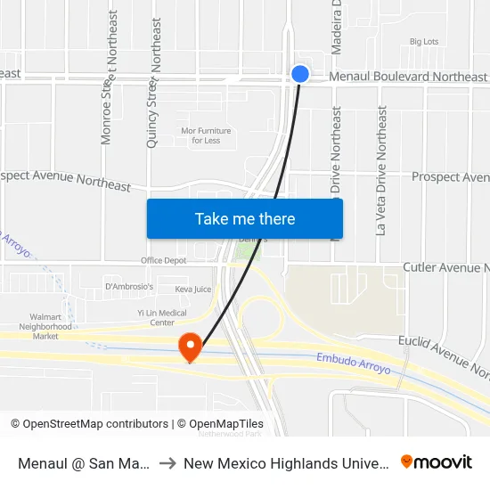 Menaul @ San Mateo to New Mexico Highlands University map