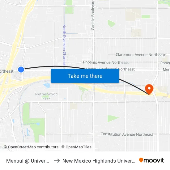 Menaul @ University to New Mexico Highlands University map