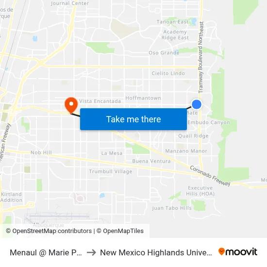 Menaul @ Marie Park to New Mexico Highlands University map