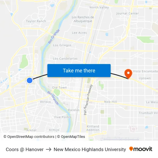 Coors @ Hanover to New Mexico Highlands University map