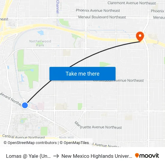 Lomas @ Yale (Unm) to New Mexico Highlands University map