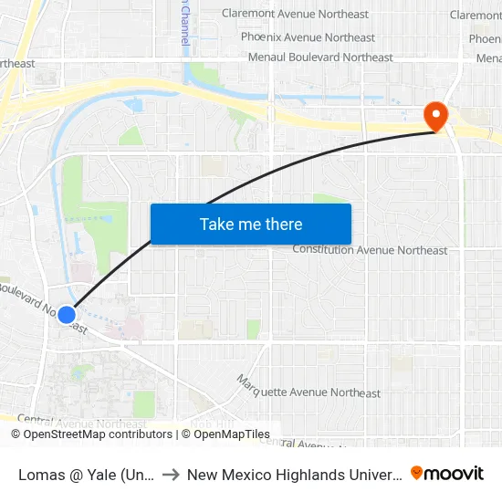 Lomas @ Yale (Unm) to New Mexico Highlands University map