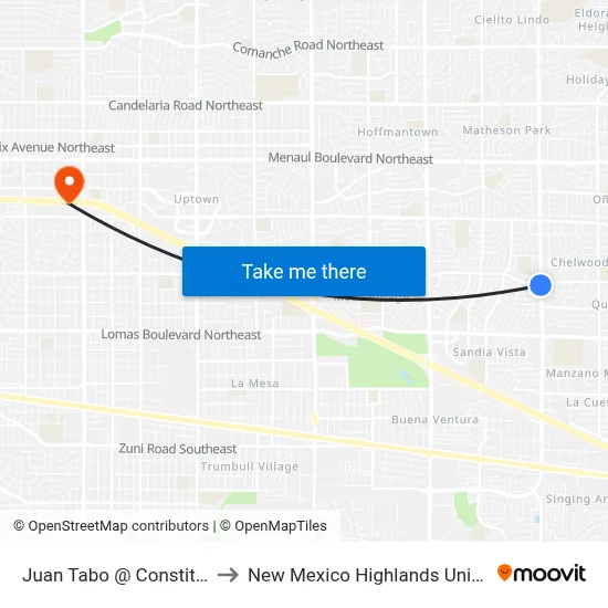 Juan Tabo @ Constitution to New Mexico Highlands University map