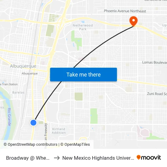 Broadway @ Wheeler to New Mexico Highlands University map