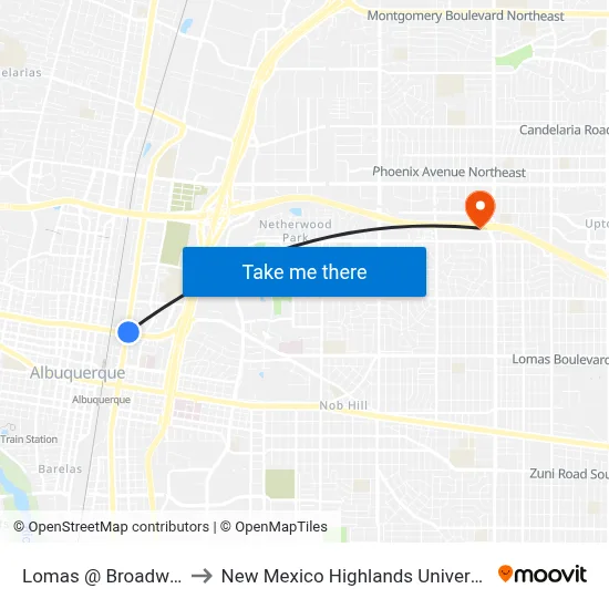 Lomas @ Broadway to New Mexico Highlands University map