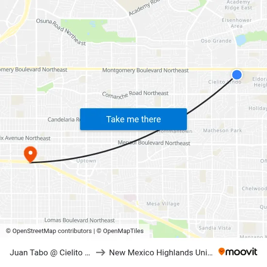 Juan Tabo @ Cielito Lindo to New Mexico Highlands University map