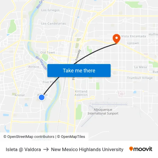Isleta @ Valdora to New Mexico Highlands University map