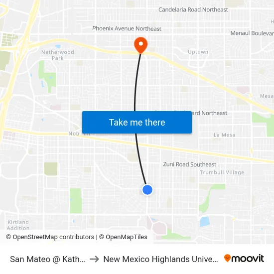 San Mateo @ Kathryn to New Mexico Highlands University map