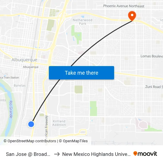 San Jose @ Broadway to New Mexico Highlands University map