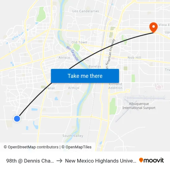 98th @ Dennis Chavez to New Mexico Highlands University map