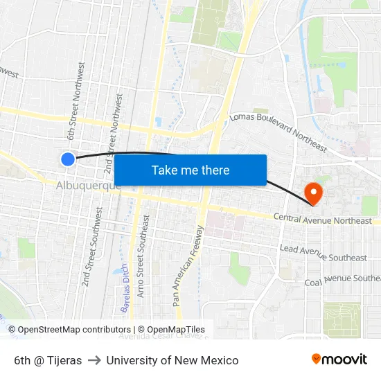 6th @ Tijeras to University of New Mexico map
